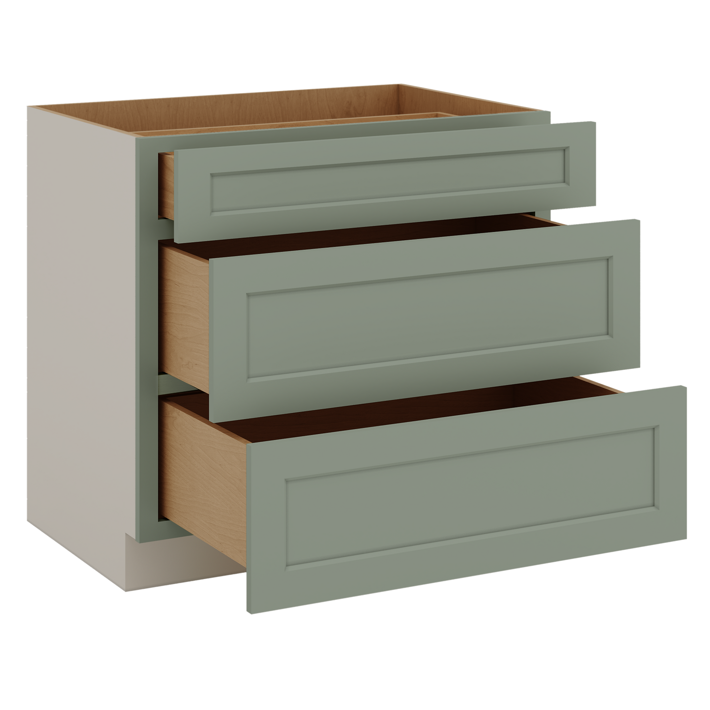 12", 15", 18", 21", 24", 30", 33" & 36" Wide 14SG Sage Green Shaker 1-1/4" Overlay 3 Drawer Base Cabinet