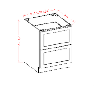 24", 30" & 36" Wide 2 Drawer Base Cabinet 2WS White Shaker 1-1/4" Overlay