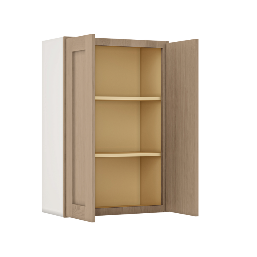 36" Tall Natural Color White Oak Shaker 1-1/4" Overlay Wall Cabinet - Double Door 24", 27", 30", 33" & 36" Wide