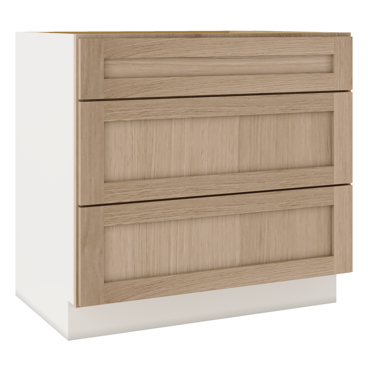 Natural Color 17ROS - Redondo White Oak Shaker 1-1/4" Overlay 3 Drawer Base Cabinet 12", 15", 18", 21", 24", 30", 33" & 36" Wide