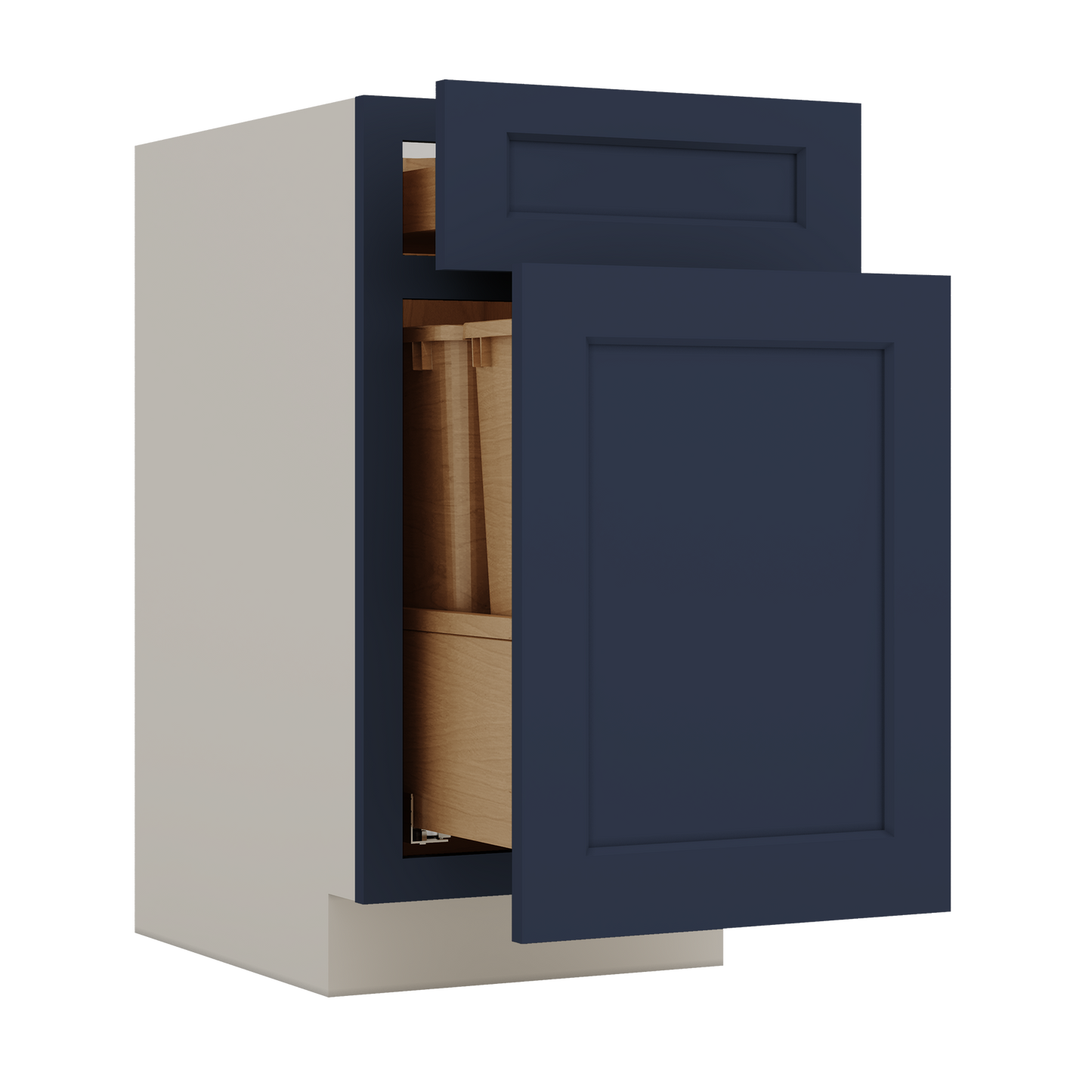 Trash Can Pull Out Base Cabinet NB29 Naval Blue Shaker 1-1/4" Overlay 15" and 18" Wide