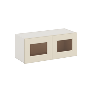 30" Wide Bridge Vanilla Cream Shaker 1-1/4" Overlay Wall Glass Cabinet - Double Door 12", 15", 18", 21" & 24" Tall