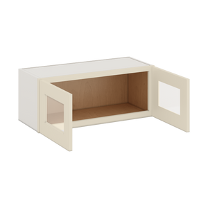 30" Wide Bridge Vanilla Cream Shaker 1-1/4" Overlay Wall Glass Cabinet - Double Door 12", 15", 18", 21" & 24" Tall