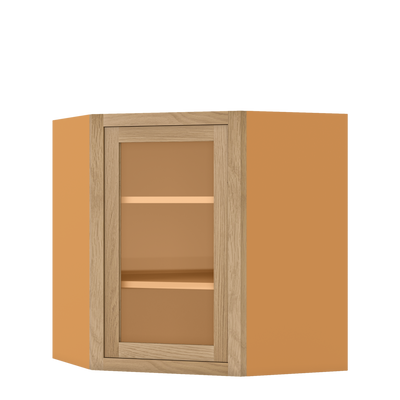 Diagonal Corner White oak Inset Shaker Wall Cabinet - Single Door Glass 27" Wide