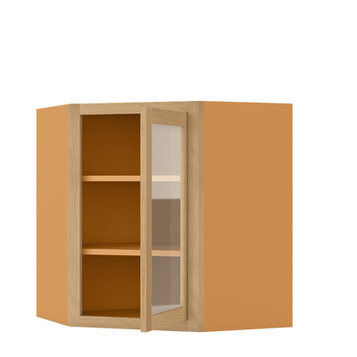 Diagonal Corner White oak Inset Shaker Wall Cabinet - Single Door Glass 27" Wide