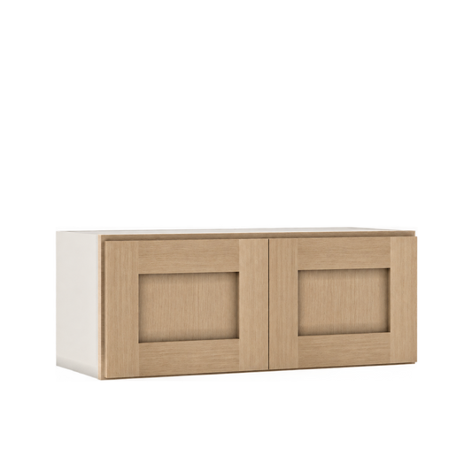 Rift Oak shaker glass-ready bridge wall cabinet