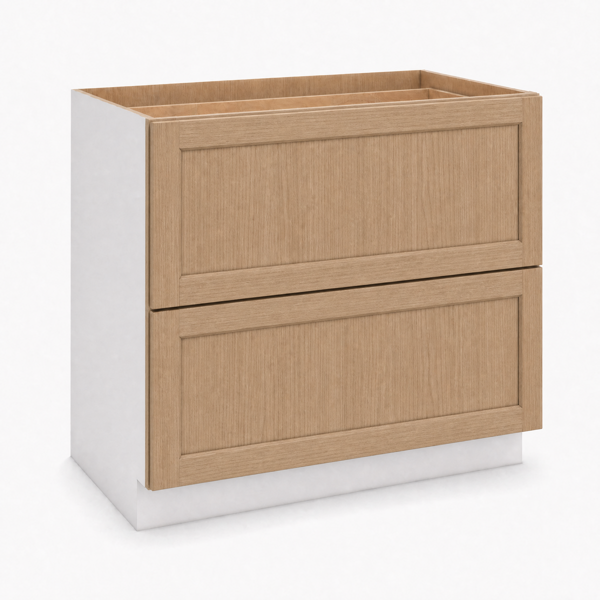 24", 30" & 36" Wide Natural 17ROS - Redondo White Oak Shaker 1-1/4" Overlay 2 Drawer Base Cabinet
