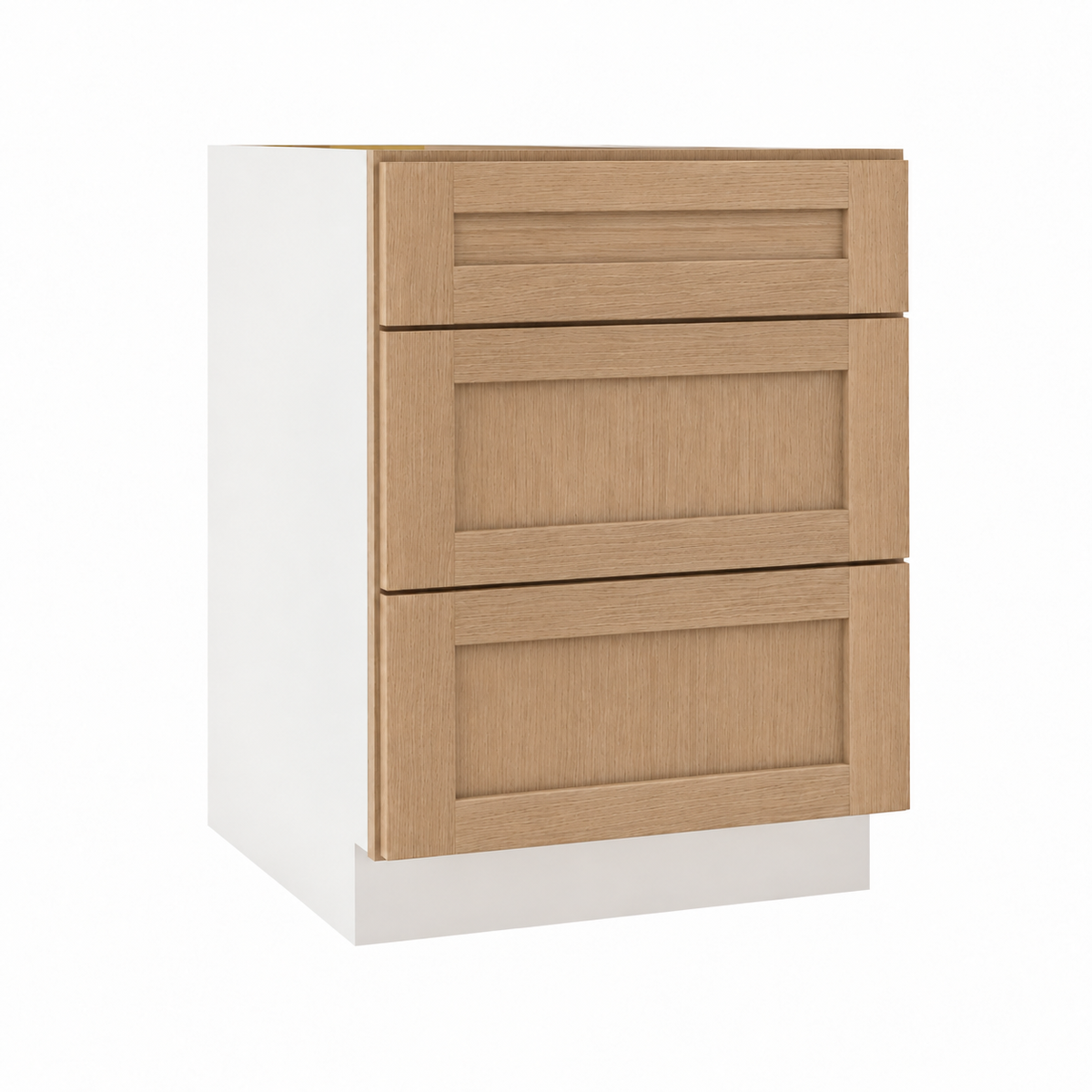 Rift Oak 36-inch three-drawer base cabinet.