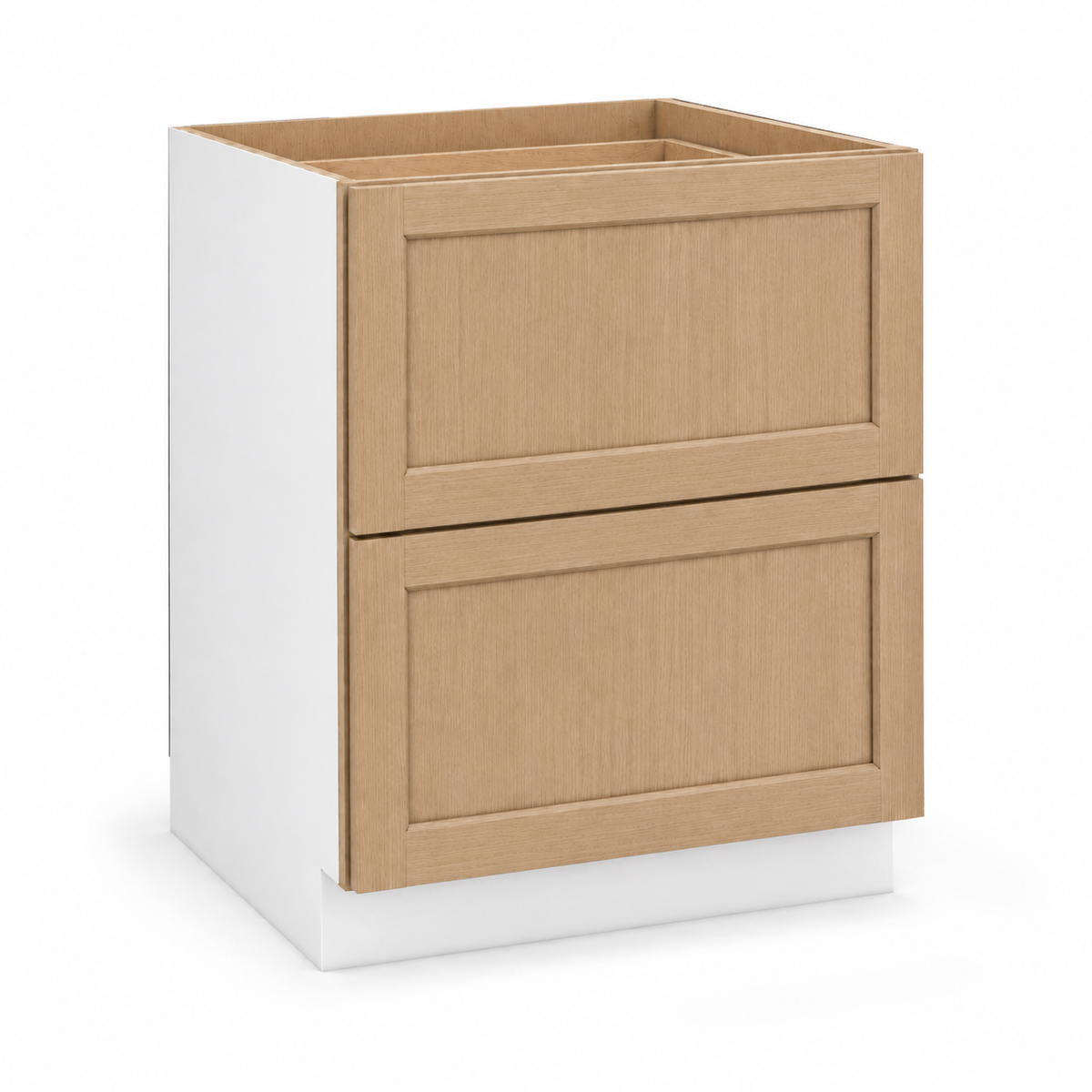 Rift Oak shaker 36-inch two-drawer base cabinet.