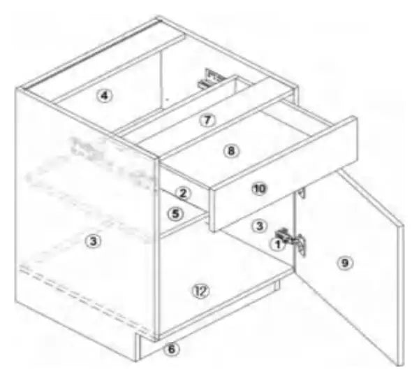 P-Box (Prestige) base cabinet construction diagram with numbered parts
