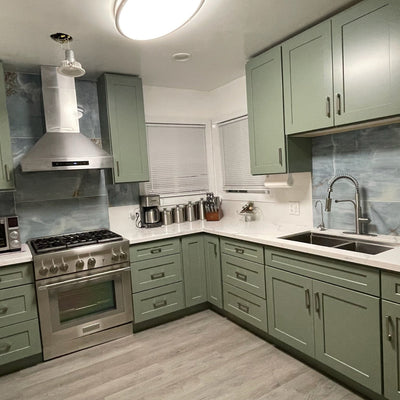 Sage Green 1-1/4&quot; Overlay Kitchen Base Cabinets