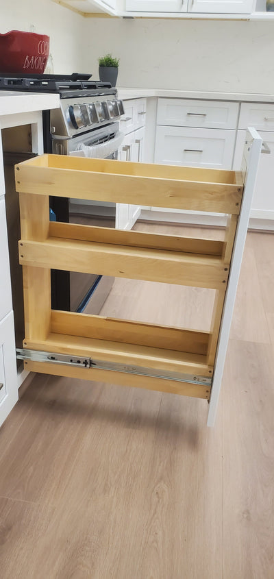 29 Newport White Double Shaker 1-1/4" Overlay Spice Rack Pull Out Base Cabinet 9" & 12" Wide