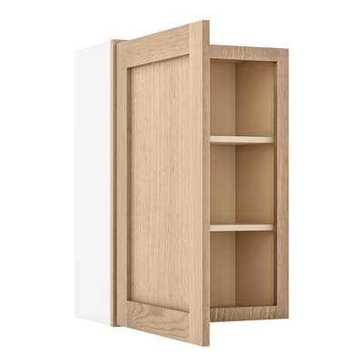 36" Tall Natural Color White Oak Shaker 1-1/4" Overlay Shaker Wall Cabinet - Single Door 9", 12", 15", 18" & 21"