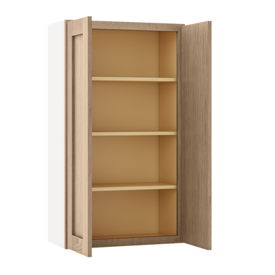 42" Tall Natural Color 17ROS - Redondo White Oak Shaker 1-1/4" Overlay Wall Cabinet - Double Door 24", 27", 30", 33", 36"