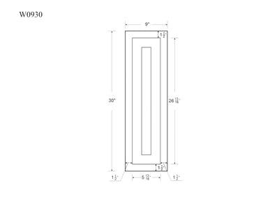 Dimensions for Glass Ready Inset Kitchen Cabinet 9" Wide 30" Tall