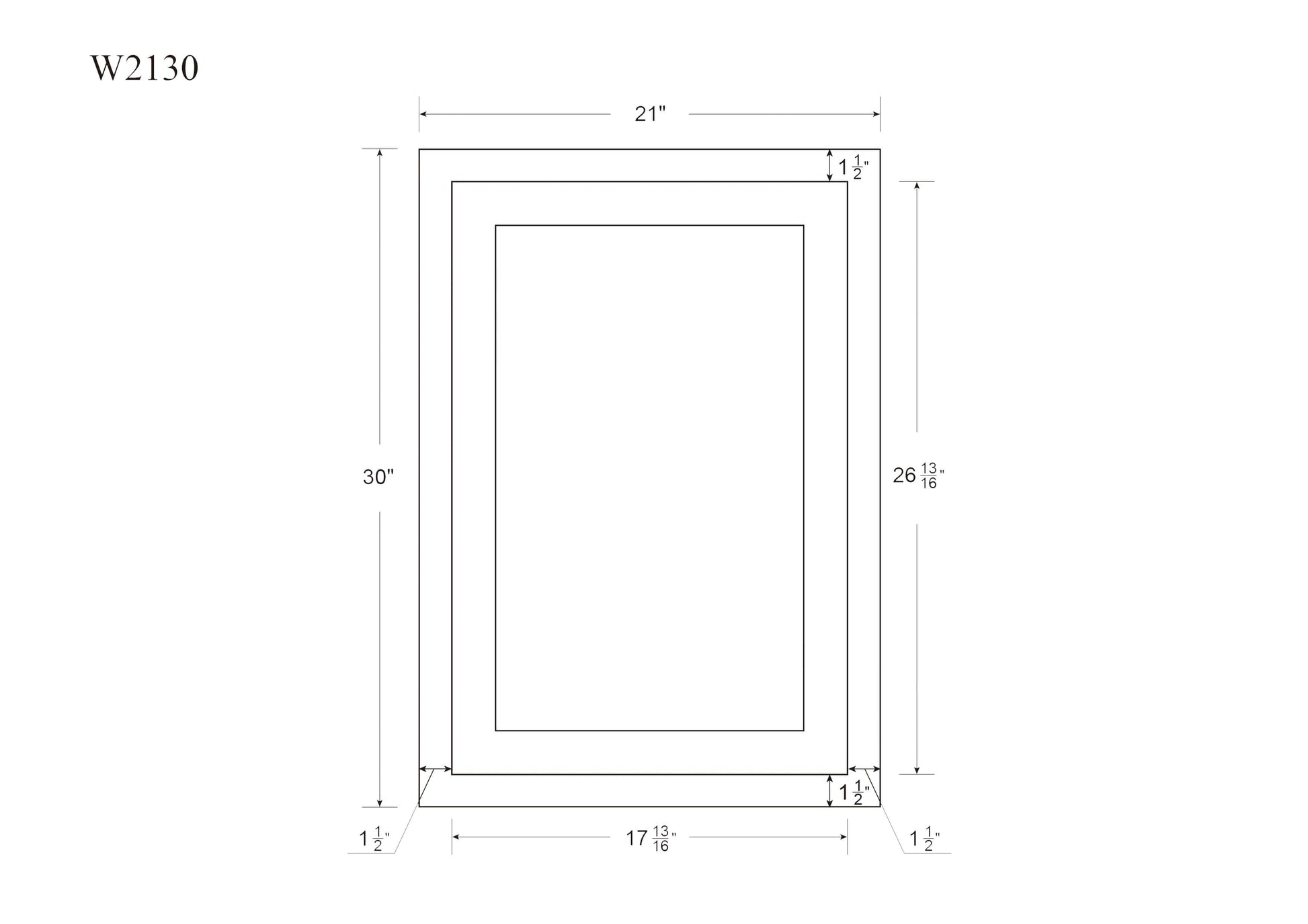Dimensions for Glass Ready Inset Kitchen Cabinet 21" Wide 30" Tall