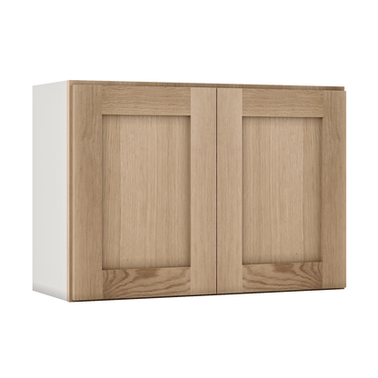 30" Wide Bridge Natural Color 17ROS - Redondo White Oak Shaker 1-1/4" Overlay Wall Cabinet - Double Door 12", 15", 18", 21" & 24" Tall