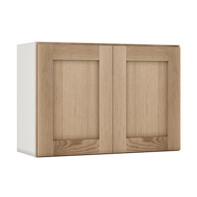 30" Wide Bridge Natural Color White Oak Shaker 1-1/4" Overlay Wall Cabinet - Double Door 12", 15", 18", 21" & 24" Tall