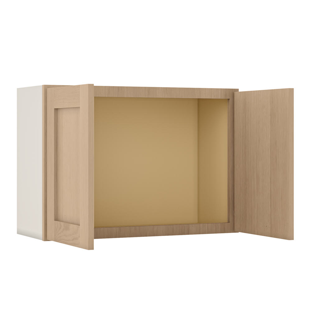 30" Wide Bridge Natural Color 17ROS - Redondo White Oak Shaker 1-1/4" Overlay Wall Cabinet - Double Door 12", 15", 18", 21" & 24" Tall