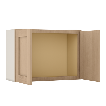 30" Wide Bridge Natural Color 17ROS - Redondo White Oak Shaker 1-1/4" Overlay Wall Cabinet - Double Door 12", 15", 18", 21" & 24" Tall