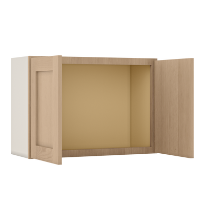 30" Wide Bridge Natural Color White Oak Shaker 1-1/4" Overlay Wall Cabinet - Double Door 12", 15", 18", 21" & 24" Tall