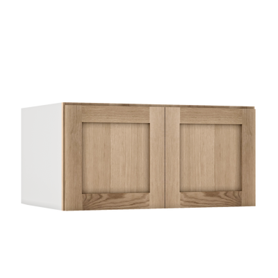 36" Wide 24" Deep Upper Natural Color White Oak Shaker 1-1/4" Overlay Wall Cabinet - Double Door 12", 15", 18", 21", 24"