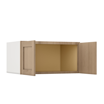 36" Wide 24" Deep Upper Natural Color White Oak Shaker 1-1/4" Overlay Wall Cabinet - Double Door 12", 15", 18", 21", 24"