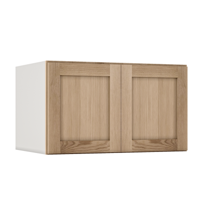 36" Wide 24" Deep Upper Natural Color White Oak Shaker 1-1/4" Overlay Wall Cabinet - Double Door 12", 15", 18", 21", 24"