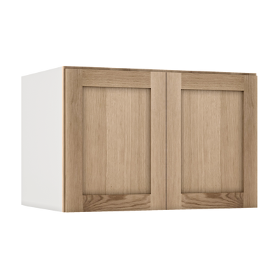 36" Wide 24" Deep Upper Natural Color White Oak Shaker 1-1/4" Overlay Wall Cabinet - Double Door 12", 15", 18", 21", 24"