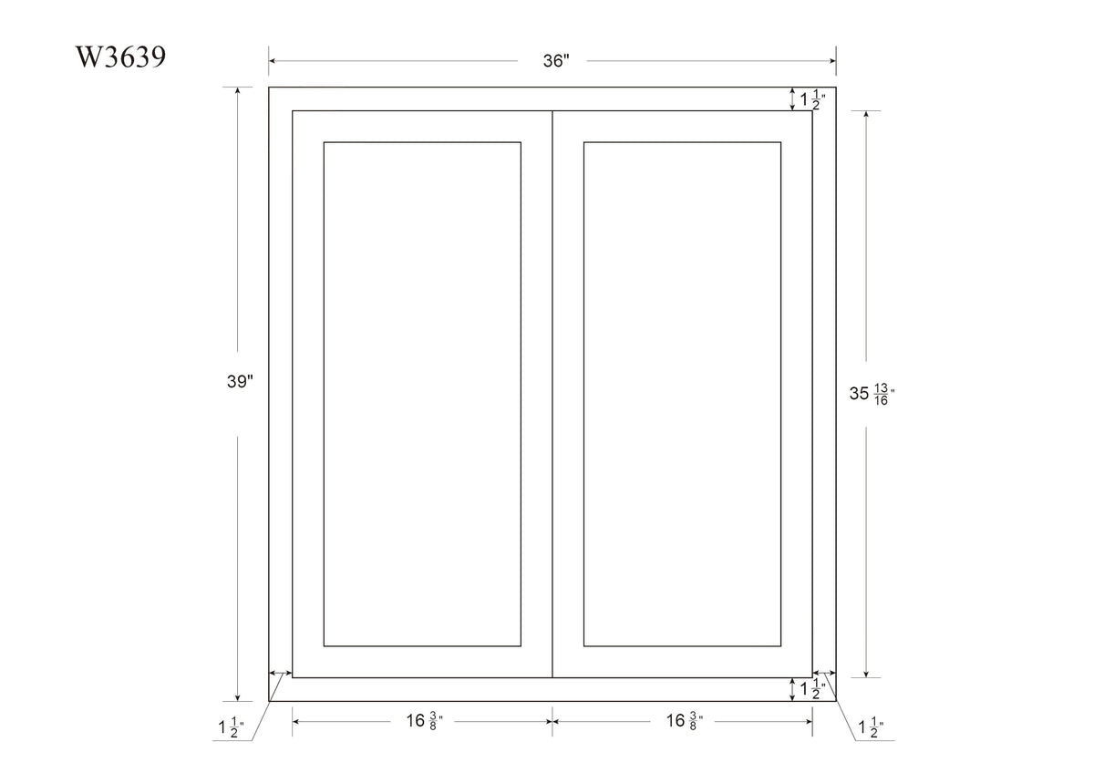 39" Tall Custom Glass Ready Snow White Inset Shaker Wall Cabinet - Double Door 24", 27", 30", 33" & 36" Wide