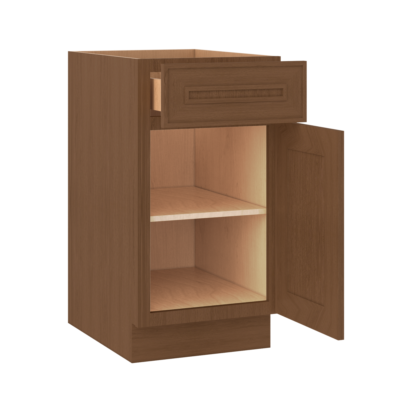 Base 9", 12", 15", 18", 21" Mocha - Elegant Oak Craftsman Shaker 1-1/4" Overlay Base Cabinet - One Door - One Drawer