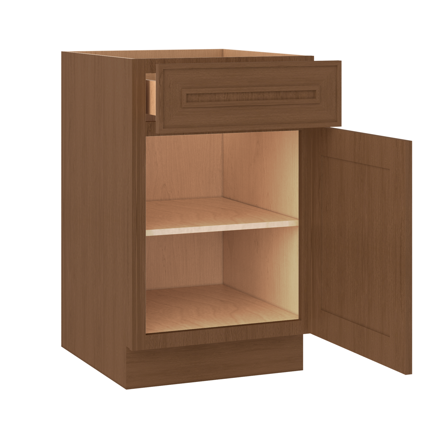 Base 9", 12", 15", 18", 21" Mocha - Elegant Oak Craftsman Shaker 1-1/4" Overlay Base Cabinet - One Door - One Drawer