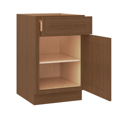 Base 9", 12", 15", 18", 21" Mocha - Elegant Oak Craftsman Shaker 1-1/4" Overlay Base Cabinet - One Door - One Drawer