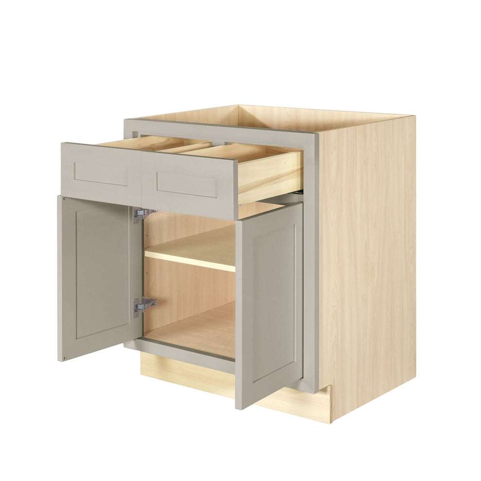 Premium Box interior — premium-grade interior finish shown on a Tuscan Gray Inset Shaker wall cabinet