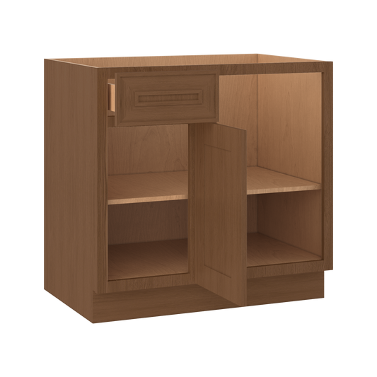 Blind 36" Must use as 42" Inch Corner Base (Left or Right) Mocha Elegant Oak 1-1/4" Overlay Shaker Blind