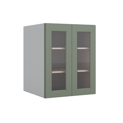 Full Height Door 14SG Sage Green Shaker 1-1/4" Overlay Wall Glass Cabinet - Double Door 24", 27", 30", 33" & 36" Wide