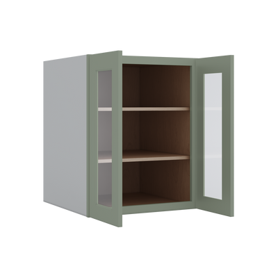 Full Height Door 14SG Sage Green Shaker 1-1/4" Overlay Wall Glass Cabinet - Double Door 24", 27", 30", 33" & 36" Wide