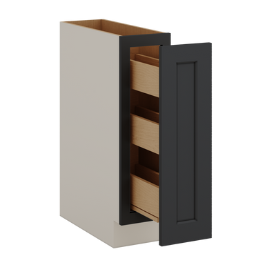 Spice Rack Pull Out Base Cabinet 9" & 12" Wide 15HNS Hermosa Noir Black Shaker 1-1/4" Overlay