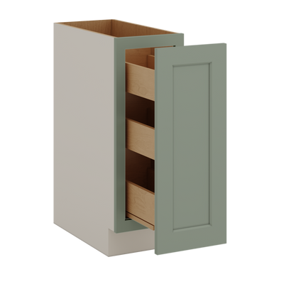 9" & 12" Wide 14SG Sage Green Shaker 1-1/4" Overlay Spice Rack Pull Out Base Cabinet