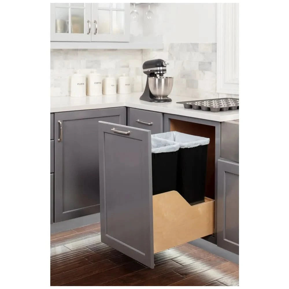 18" Double 50 Quart Wood Bottom-Mount Soft-close Trashcan Rollout for Door Mounting, Includes Two Cans - Hardware Resources
