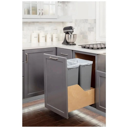 18" Double 50 Quart Wood Bottom-Mount Soft-close Trashcan Rollout for Door Mounting, Includes Two Cans - Hardware Resources