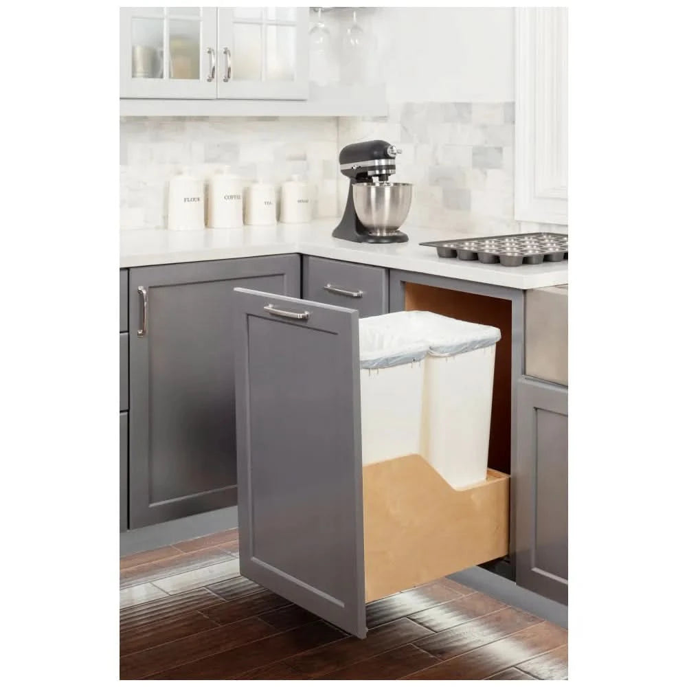 18" Double 50 Quart Wood Bottom-Mount Soft-close Trashcan Rollout for Door Mounting, Includes Two Cans - Hardware Resources