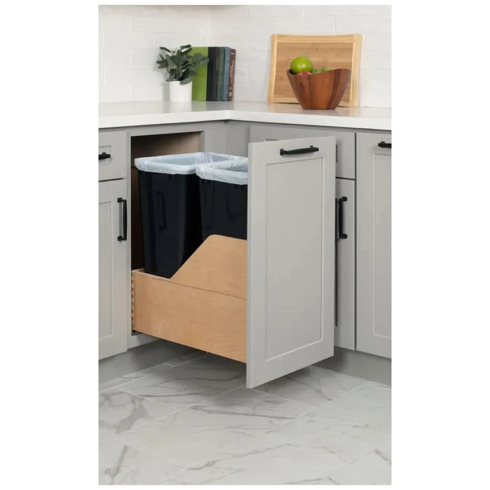 15" Double 50 Quart Wood Bottom-Mount Soft-close Trashcan Rollout for Door Mounting, Includes Black Cans - Hardware Resources