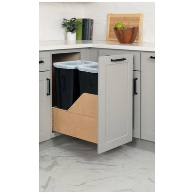 15" Double 50 Quart Wood Bottom-Mount Soft-close Trashcan Rollout for Door Mounting, Includes Black Cans - Hardware Resources