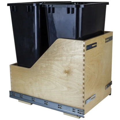 15" Double fits 18" Base 50 Quart Wood Bottom-Mount Soft-close Trashcan Rollout for Door Mounting, Includes Black Cans - Hardware Resources