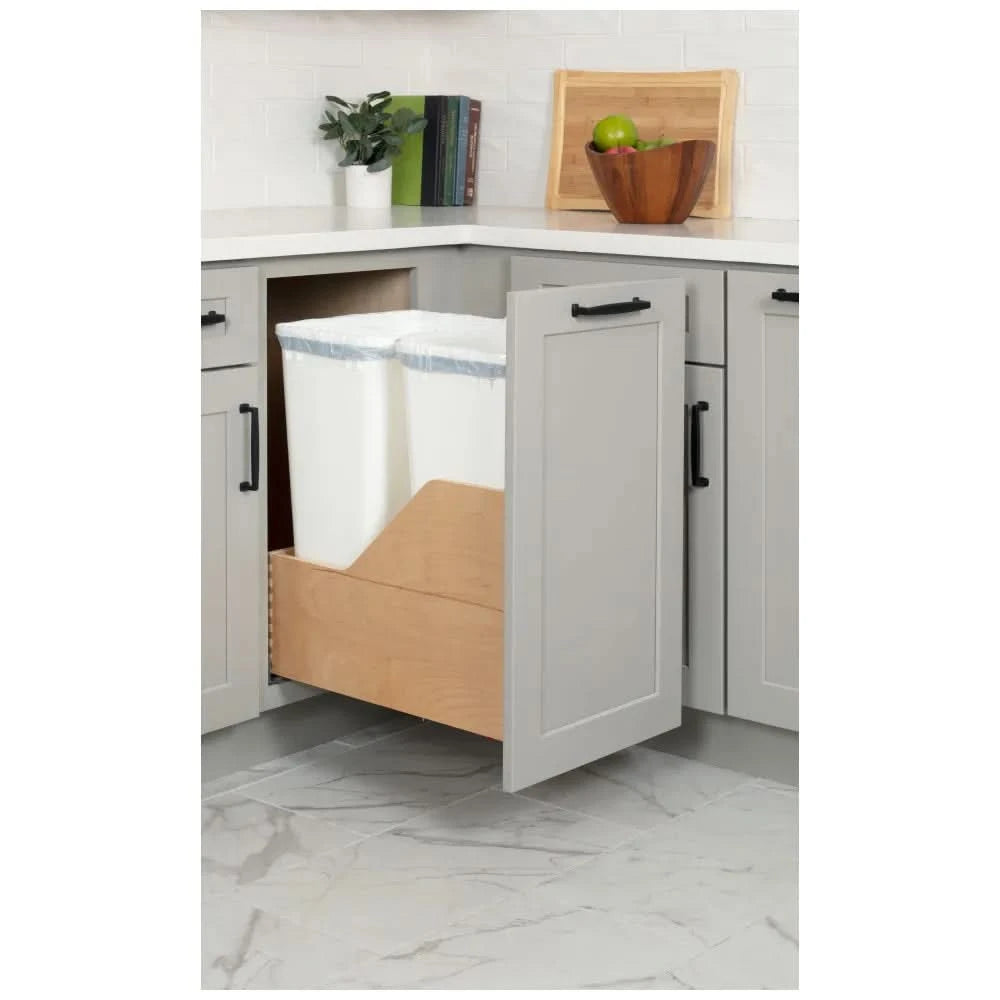 15" Double fits 18" Base 50 Quart Wood Bottom-Mount Soft-close Trashcan Rollout for Door Mounting, Includes Black Cans - Hardware Resources