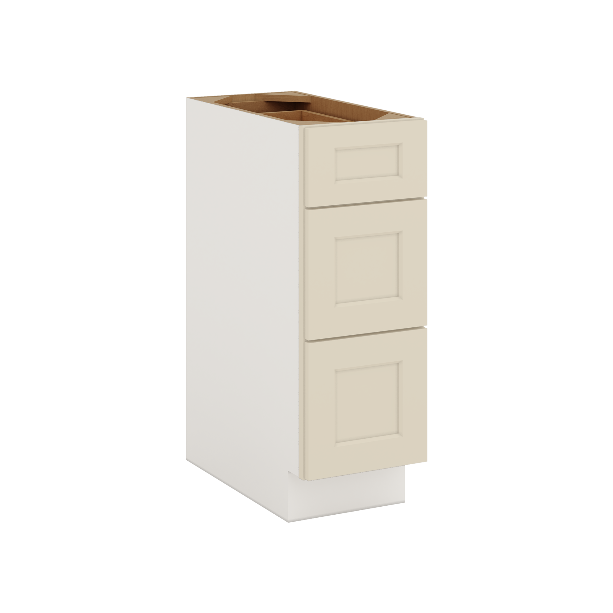 Three Drawer Base Cabinet 12", 15", 18", 21", 24", 30", 33" & 36" Wide Manhattan Cream Shaker 1-1/4" Overlay
