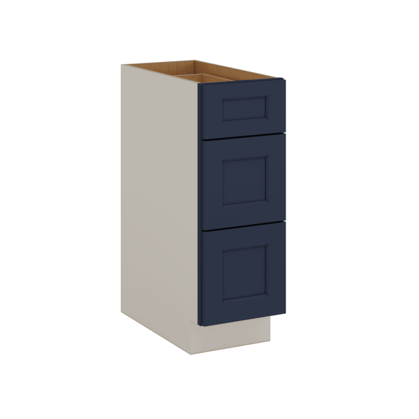 Three Drawer Base Cabinet 12", 15", 18", 21", 24", 30", 33" & 36" Wide NB29 Naval Blue Shaker 1-1/4" Overlay
