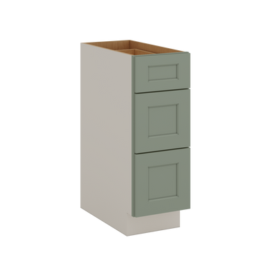 Three Drawer Base Cabinet 12", 15", 18", 21", 24", 30", 33" & 36" Wide Green Shaker 1-1/4" Overlay