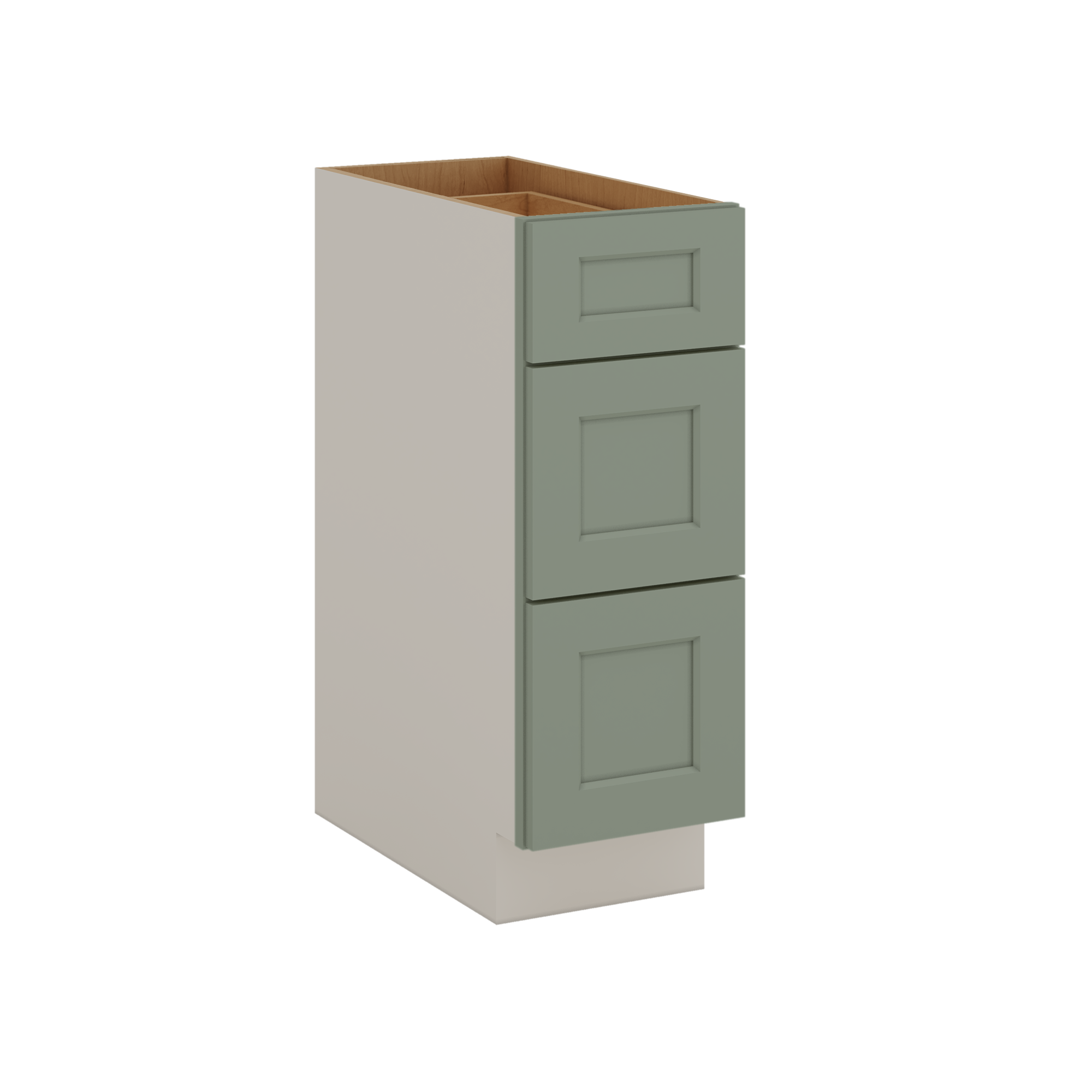 12", 15", 18", 21", 24", 30", 33" & 36" Wide 14SG Sage Green Shaker 1-1/4" Overlay 3 Drawer Base Cabinet